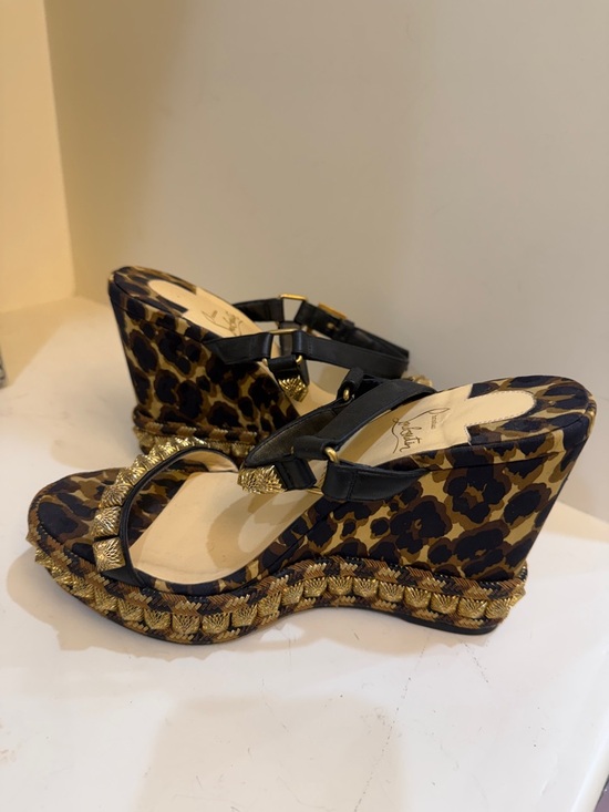 Christian Louboutin Shoes - Christian Louboutin Leopard Print Wedge Sandals with Black Straps and Gold Trim